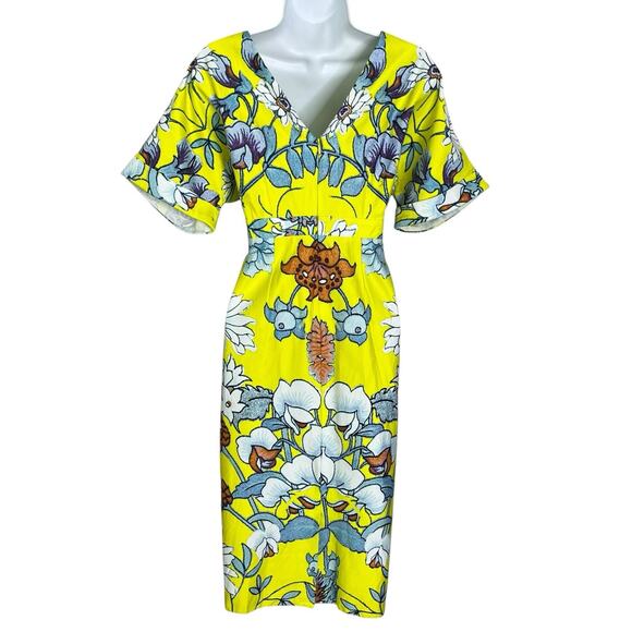 ASOS Wiggle Dress Sheath Size 6 Cotton Stretch Mirrored Floral Print Yellow NEW - Picture 4 of 13